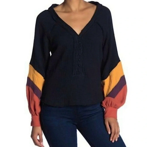 Fate Color Block Cotton Gauze Pullover V-Neck Balloon Long Sleeve Shirt  Top S - Picture 1 of 14